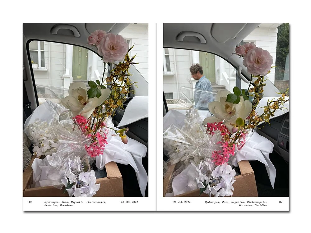 Diptych of flowers arranged inside a car